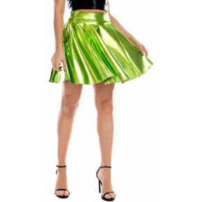 eccbox Women's Metallic Shiny Skirt Fashion Dance Disco Flared Pleated A-Line Mini Skater Skirt