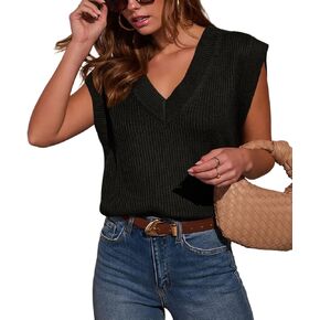 Lacozy Women's V Neck Sweater Vest Ribbed Knit Sleeveless Casual Solid Color Preppy Pullover Tank Tops Fall Winter Clothes