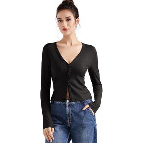 SUUKSESS Women Ribbed Lightweight Cardigan V Neck Button Up Long Sleeve Cropped Modal Tops