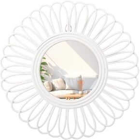 Wooden Round Mirrors 20" Mirror, Rattan Sunflower Circular Wall Mirror, Farmhouse Circle Mirror Boho Decorative Wall for Bedroom, Living Room, Entryway Rustic Bathroom Mirrors White