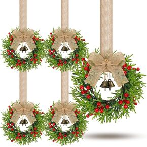 Dingion 4 Pieces 9.84 Inch Christmas Norfolk Pine Wreaths Small Xmas Artificial Pine Wreath Faux Pine Xmas Wreath Set with Berry and Bell for Xmas Front Door Porch Window Wall Decoration(Burlap Bows)