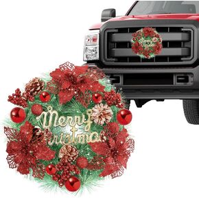 Car Wreath Truck Christmas Decor - 13in Glitter Xmas Front Grille Decoration Gifts for SUVs Automotive, 13in Winter Holiday Flowers Ornament Accessories - Red