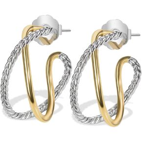 Designer Twisted Cable Wire Half Hoop Earrings 18K Gold Plated Two Toned Earrings Hoops for Women Gift