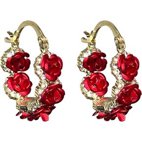 Anmpab Rose Flower Hoop Earrings for Women Rhinestone Floral Camellia Flower Earrings Party Jewelry