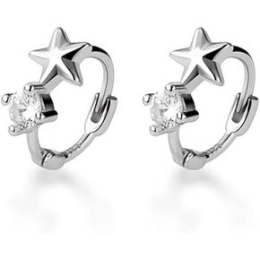18g Tiny Star Hoop Earrings 925 Sterling Silver CZ Small Hoops Cuff Cartilage for Women Girls Hypoallergenic Cubic Zirconia Huggie Sleeper Piercing Jewelry Dainty Cute Gifts for Daughter Niece 8mm (Silver)