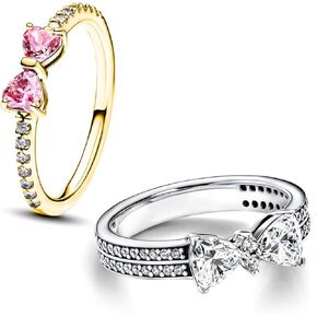 UneDouce Sparkling Bow Rings Set with 14K Gold/Silver Plating | Pink Bow Earrings and Ring Set for Women | Friendship Promise Ring, Stackable Bow Jewelry Set, Gift for Women