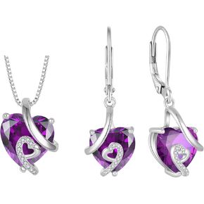 Women 925 Sterling Silver Heart Pendant Necklace Earrings Purple February Birthstone Amethyst Color Jewelry Set