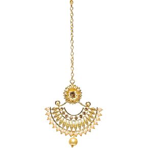 Bindhani Indian Headpiece Maang Tikka For Women (Gold-Plated, Stone, Faux Pearl Drop)