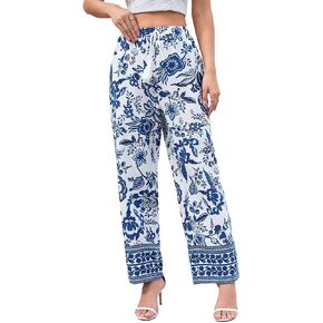 WDIRARA Women's Floral Print Drawstring High Waist Straight Leg Pants Boho Casual Pants