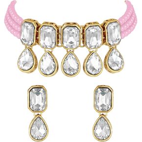 I Jewels Gold Plated Indian Wedding Handcrafted Pearl Beaded Choker with Earrings for Women