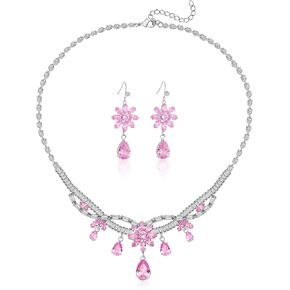 AMYJANE Women's Wedding Jewelry Crystal Flower Necklace Dangle Earrings Set for Brides Bridesmaid CZ Rhinestone Teardrop Jewelry Set for Prom Costume Jewelry Accessories
