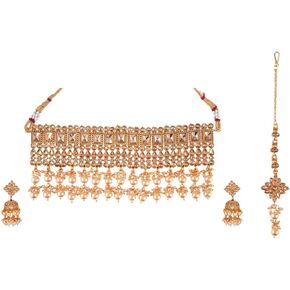 Efulgenz Indian Jewelry Sets for Women Choker Necklace Dangle Earrings Maantikka Jewelry set Indian Bridal Jewelry Set for Wedding Faux Kundan Faux Pearl Crystal Necklace Dangling Earrings Jewelry