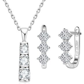 3 Stone Moissanite Pendant Necklace and Hoop Earrings Set