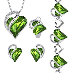 Leafael Infinity Love Heart Necklace, Stud Earrings, Bracelet, and Ring Set, August Birthstone Crystal Jewelry, Silver Tone Gifts for Women, Peridot Green
