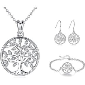 AEONSLOVE Tree of Life Jewelry Set 925 Sterling Silver Tree of Life Necklace Tree of Life Bracelet Earrings for Women