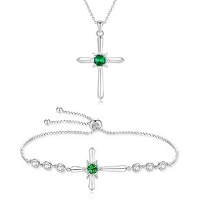 FANCIME Emerald Cross Necklace and Cross Bracelet for Women Sterling Silver May Birthstone Jewelry Set