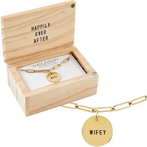 Santa Barbara Design Studio Fleur Jewelry Wedding Gold Plated Link Chain Charm Necklace Wood Boxed Gift Set, 17" Long + 2" Extender, Wifey