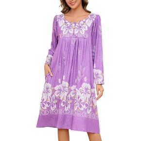 Long Sleeve Nightgowns for Women House Dresses Floral Print Moo Moos for Women with Pockets Mumu Moomoo Dresses