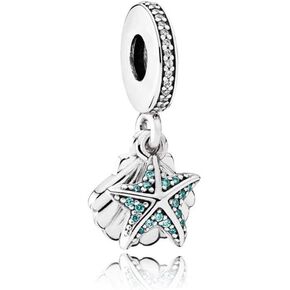MiniJewelry Starfish Seashell Dangle Charm fits Pandora Bracelets April March Birthstones Crystal Clear Blue Cubic Zirconia