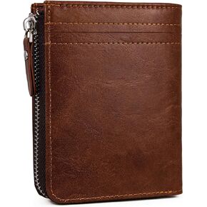 Mens Wallet, Minimalist PU Leather Wallet Bifold Card Holder Zipper Wallet with ID Window Zipper Coin Pocket (Brown)