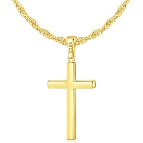 Italian 925 Sterling Silver Cross Necklace for Men, 18k Gold Over Real Silver Cross Necklace with 2.5mm Top Craftsmanship Rope Chain for Men Boys Women, Sturdy Shiny Non Tarnish 16-26 Inch