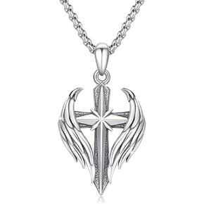 Cross Wings Necklace for Men Women S925 Sterling Silver Guardian Angel Wings Cross Pendant Necklaces Gifts for Men Angel's Wing Jewelry Birthday Gift 20+2 Inch Stainless Steel Chain