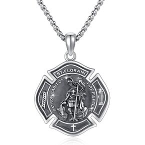 Saint Florian Necklace for Firefighters 925 Sterling Silver St Florian Pendant Axes Helmet FireFighter Shield Protection Medal Amulet Necklace St Florian Jewelry Gift Men Firemen Women Son Father