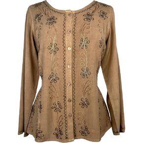 Agan Traders Fall Long Sleeve Button Down Bohemian Tops for Women - Embroidered Blouse Shirt with Adjustable Rope Ties