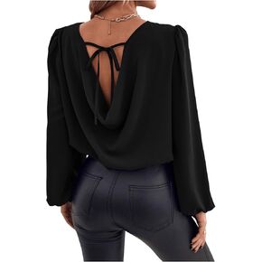 بلوزة نسائية من MakeMeChic ذات ثنيات وأكمام واسعة ورقبة دائرية وقميص سادة