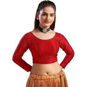 themilestocks TMS Women's Blouses Readymade Gold Stretchable Saree Crop Top Choli Free Size Long Sleeve (Red, Can fit bust size 28""-38"")