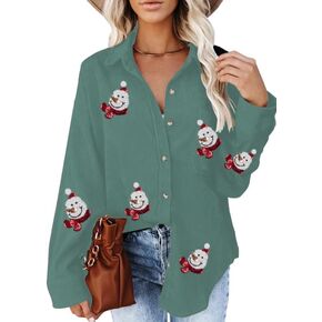 Christmas Sequin Button Down Shirts - Womens Corduroy Shirt Business Office Shirt Casual Flannel Blouses Plaid Tops
