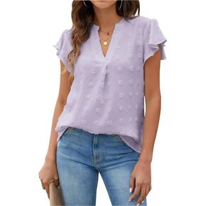 Womens V Neck Ruffle Short Sleeve Flowy Shirts Dressy Polka Dots Blouse Solid Color Casual Floating Summer Lightweight Tops