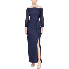 Alex Evenings Women's Long Off The Shoulder Mother of The Bride Dress with Illusion Sleeves, Cascade Ruffle & Front Slit