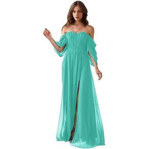 Off Shoulder Bridesmaid Dress for Wedding Chiffon A Line Prom Dress Long Slit Formal Party Gowns with Pockets