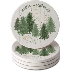 Thirstystone Winter Woodlands 4 Pack Round Absorbent Stone Coasters with Protective Cork Backing Manufactured in The USA Artistic Absorbent Easily Wipes Clean