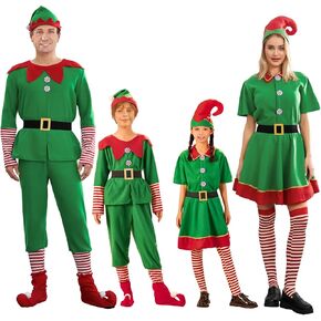 Women Men Kid Christmas Elf Cosplay Costume Santa Dress+ Pants+Leg Warmer+Hat+ Belt Xmas Costume