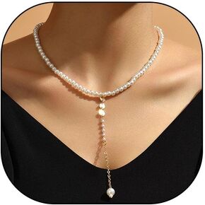 Elegant Long Pendant Necklace for Women Dainty 14K Gold Plated Chain Y-Necklace with Rhinestone Pearl Detail Back Necklace for Backless Dress Formal Wedding Prom Jewelry for Bride Bridesmaid