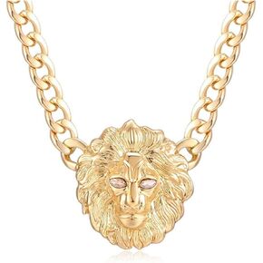 Women's Chunky Chain Lion Head Necklace Punk Costume Cocktail Crystal Animal Choker Pendant Statement Hip Hop Jewelry