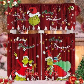 SUNWISHA Christmas Curtain Valances Set Upper Curtain 52'' Lx18'' W & Lower Curtain 36'' L x 26'' W x2 Kitchen Windows Decor 3 Piece Set red