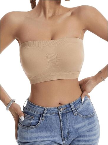 Women's Strapless Seamless Bandeau Bra Wireless Ruched Removable Padded Bralette Tube Tops in Saudi Arabia