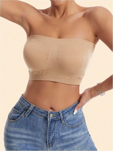 Women's Strapless Seamless Bandeau Bra Wireless Ruched Removable Padded Bralette Tube Tops in Saudi Arabia