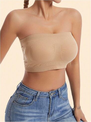 Women's Strapless Seamless Bandeau Bra Wireless Ruched Removable Padded Bralette Tube Tops in Saudi Arabia