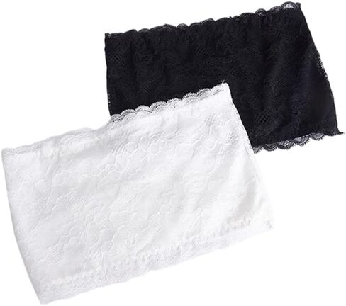 Women's Lace Bandeau Strapless Seamless Stretchy Bandeau (White & Black), One Size, Set of 2 in Saudi Arabia