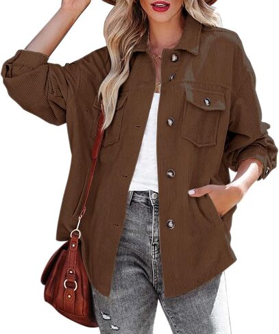 Beaully Women's Corduroy Button Down Shirts Casual Long Sleeve Oversized Jacket Shacket Coat with Pockets in Saudi Arabia