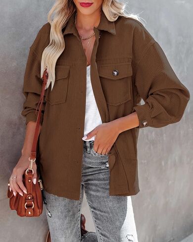 Beaully Women's Corduroy Button Down Shirts Casual Long Sleeve Oversized Jacket Shacket Coat with Pockets in Saudi Arabia