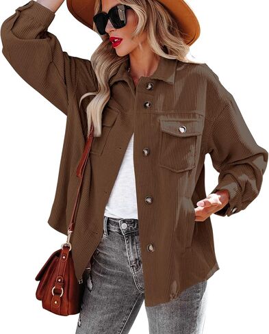 Beaully Women's Corduroy Button Down Shirts Casual Long Sleeve Oversized Jacket Shacket Coat with Pockets in Saudi Arabia