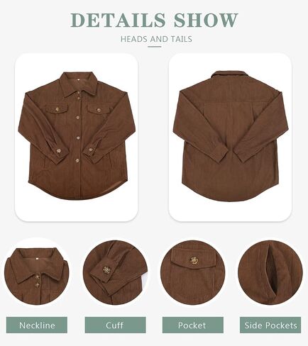 Beaully Women's Corduroy Button Down Shirts Casual Long Sleeve Oversized Jacket Shacket Coat with Pockets in Saudi Arabia