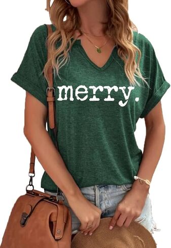 Christmas Shirts for Women V Neck Vintage Merry Graphic Trendy Shirts Holiday Tee Festival Tops Blouse Gifts in Saudi Arabia
