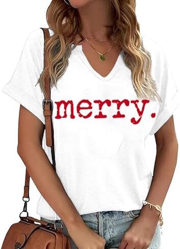 Christmas Shirts for Women V Neck Vintage Merry Graphic Trendy Shirts Holiday Tee Festival Tops Blouse Gifts in Saudi Arabia