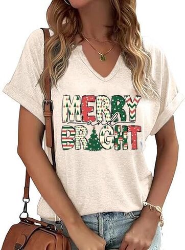 Christmas Shirts for Women V Neck Vintage Merry Graphic Trendy Shirts Holiday Tee Festival Tops Blouse Gifts in Saudi Arabia